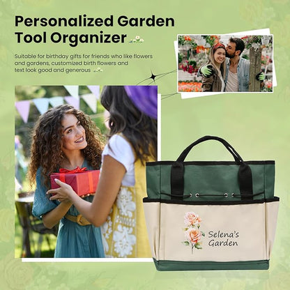 Personalized Garden Tools Set for Women: Custom Text Garden Tool Bag and Garden Shovel & Transplant Shovel & Hand Rake - Gardening Gifts for Mom Grandma Gardening Lover (Garden Bag)