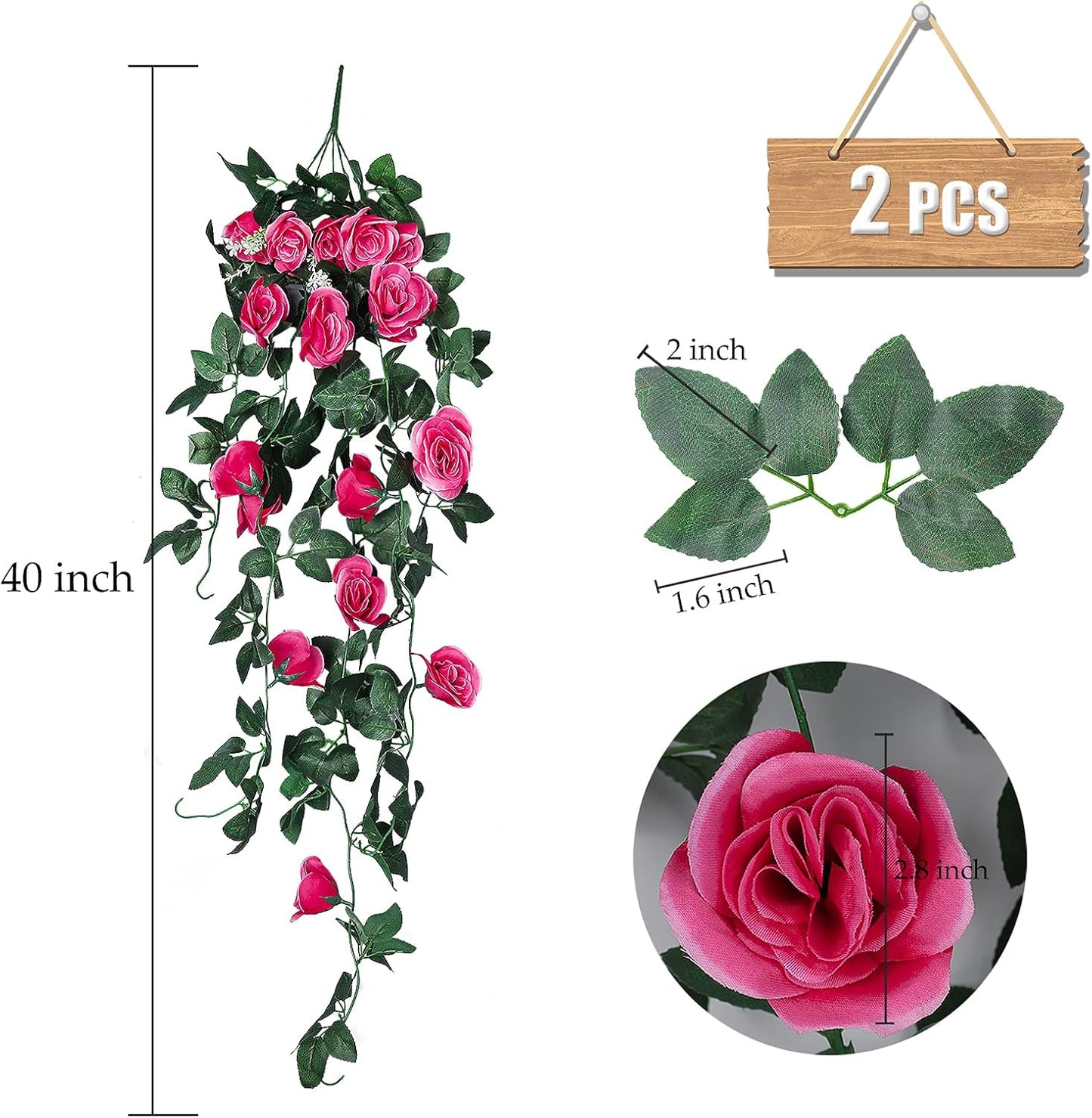 RECUTMS 2PCS Artificial Hanging Flowers 3.3Ft Fake Flower Plants for Home Room Garden Wedding Indoor Outdoor Decoration (Rose Red)