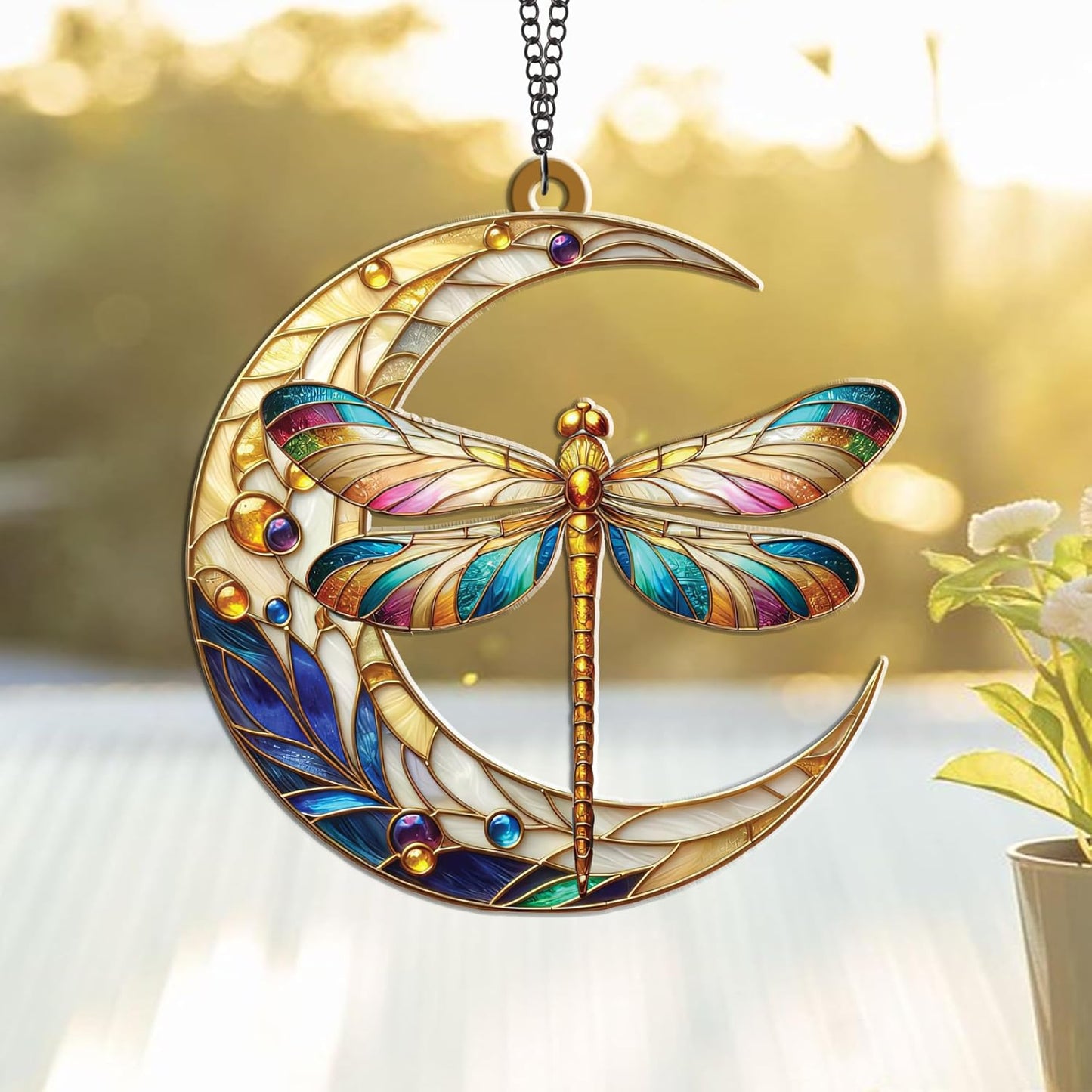 Dragonfly Moon Christmas Suncatcher – Acrylic Dragonflies Ornaments for Christmas Tree Decoration, SunCatcher Hanging Decor for Home Garden, Nature Insect Gift, Boho Dragonfly Decor for Women (Sun-24)