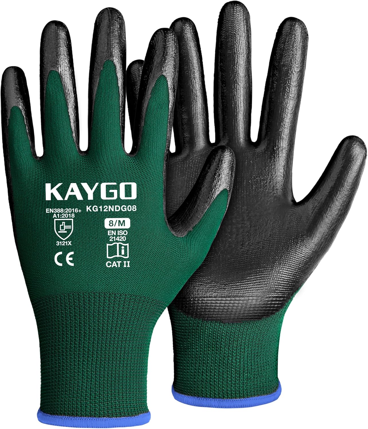 KAYGO Work Gloves Nitrile Coated, 12 Pairs KG12N，Seamless Knit, Protective Safety Work Gloves with Good Grip for General Work,green, M