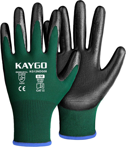 KAYGO Work Gloves Nitrile Coated, 12 Pairs KG12N，Seamless Knit, Protective Safety Work Gloves with Good Grip for General Work,green, M