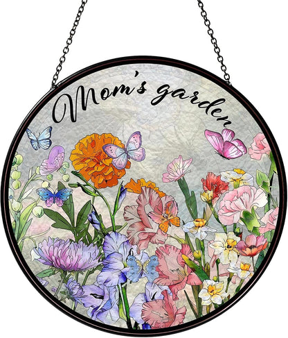 Family Birth Flowers Stained Glass Window Hanging Flower Mom Garden Sun Catcher Decor Gifts for Mom Christmas Suncatchers for Home Windows Hanging Decoration, 7.87inch