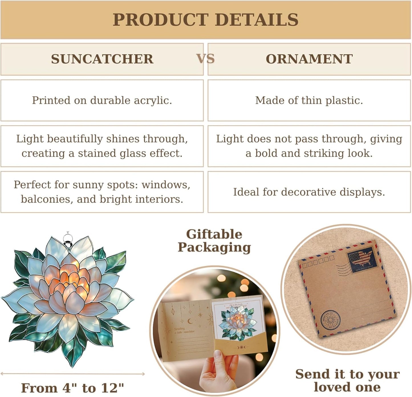 Mandala Lotus Flower Acrylic Suncatcher Stained Glass Effect Window Car Hanging Christmas Ornament Indoor Outdoor Decor Garden Buddhism Sun Catcher for Yoga Lover for Women Mom Grandma