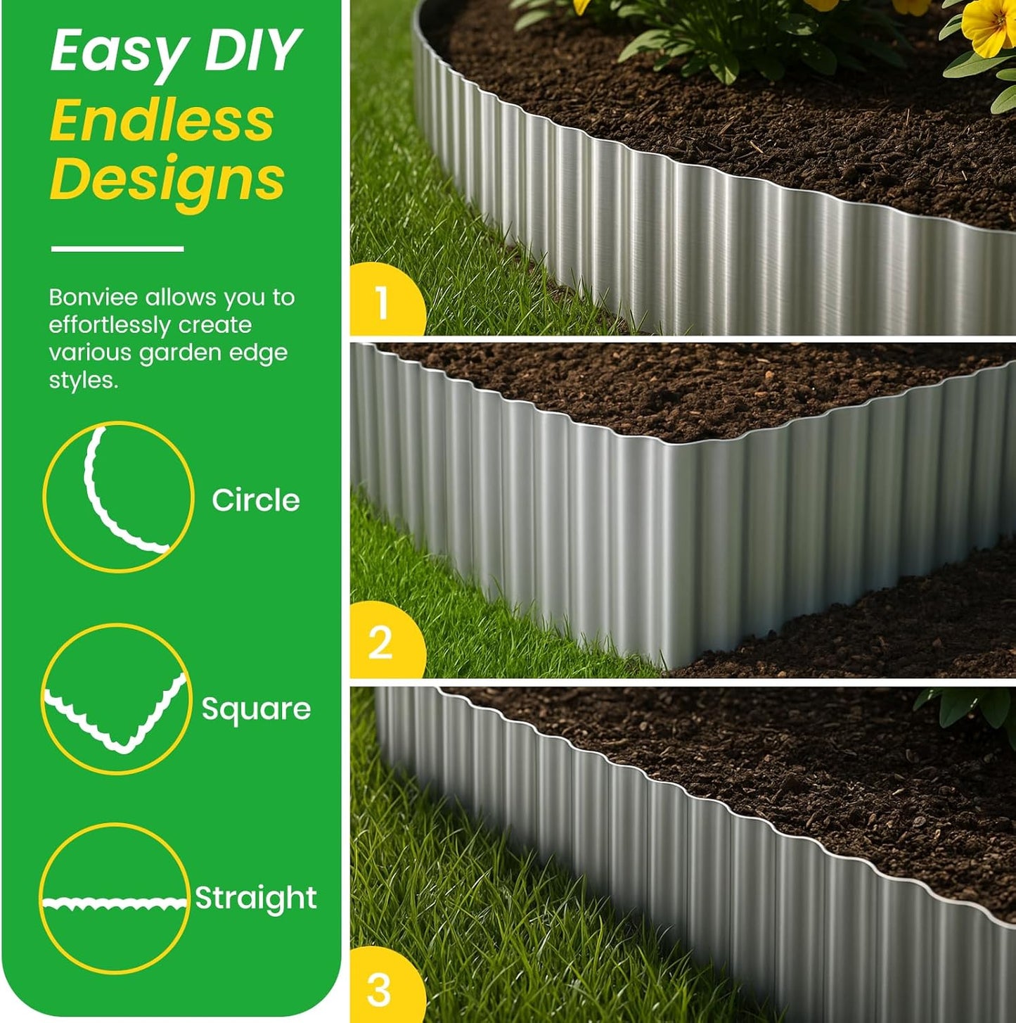 Bonviee 6” x 40’ Metal Landscape Edging Border Kit, Corrugated Garden Edging for Flower Bed, Lawn, Walkways, No Dig Paver Edging for Landscaping, Durable Garden Border Edging (Silver, 6In x 40Ft)