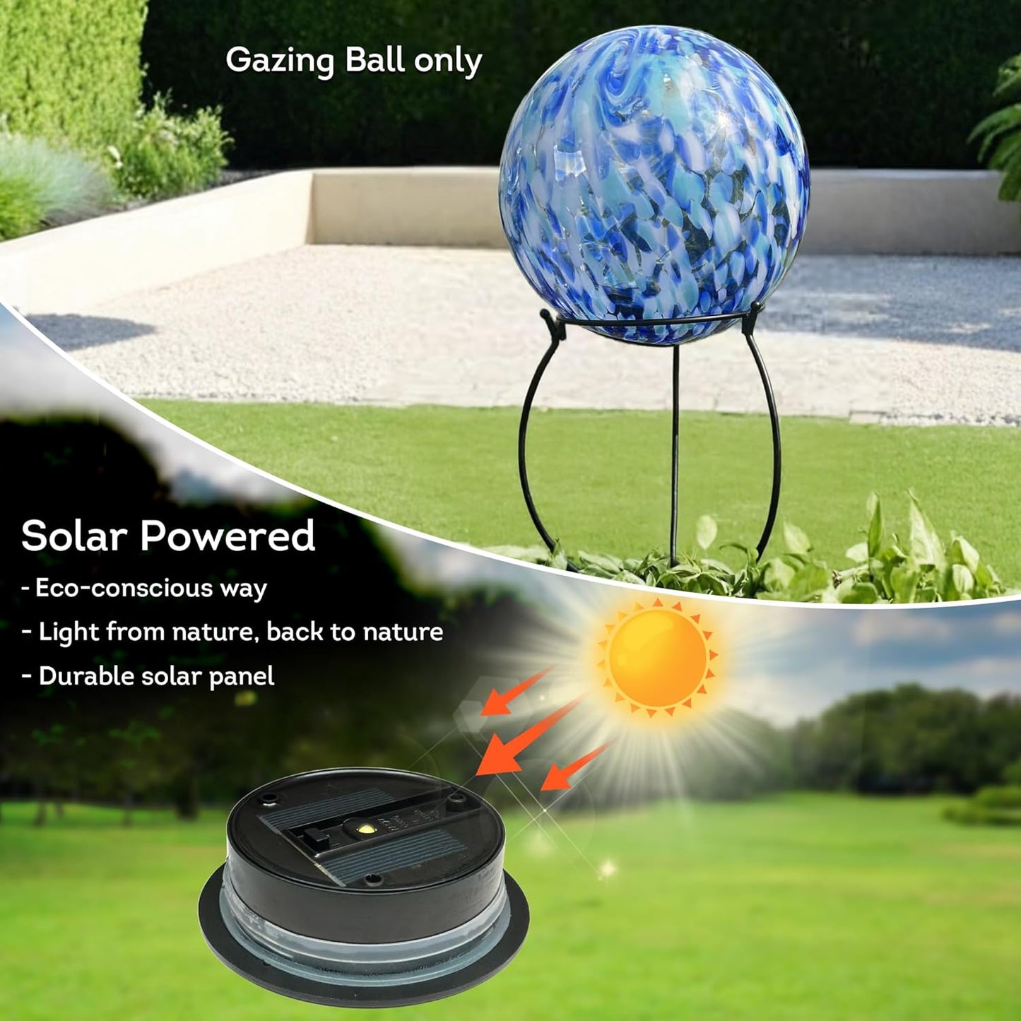 Lily's Home Gazing Ball - 10" Glass Globe with Solar Powered Lights - Outdoor Solar Lights for Yard & Patio - Garden Decor - Automatic On/Off Photosensitive Switch - Battery Included