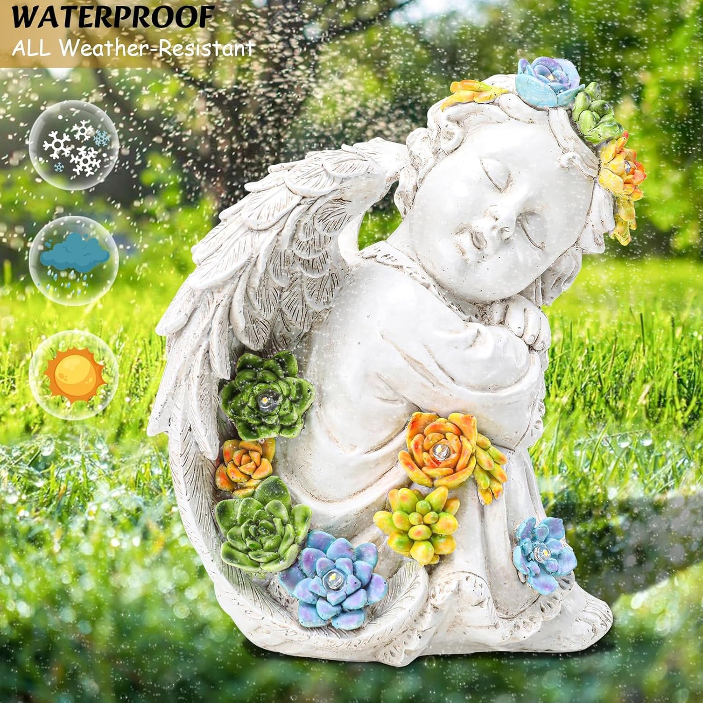 Solar Cherub Angel Outdoor Garden Decor Statues - 8 inches Angel Figurines Outdoor Sculptures with Succulent, Garden Statues for Outside, Patio, Balcony, Lawn Ornaments or Housewarming Gift