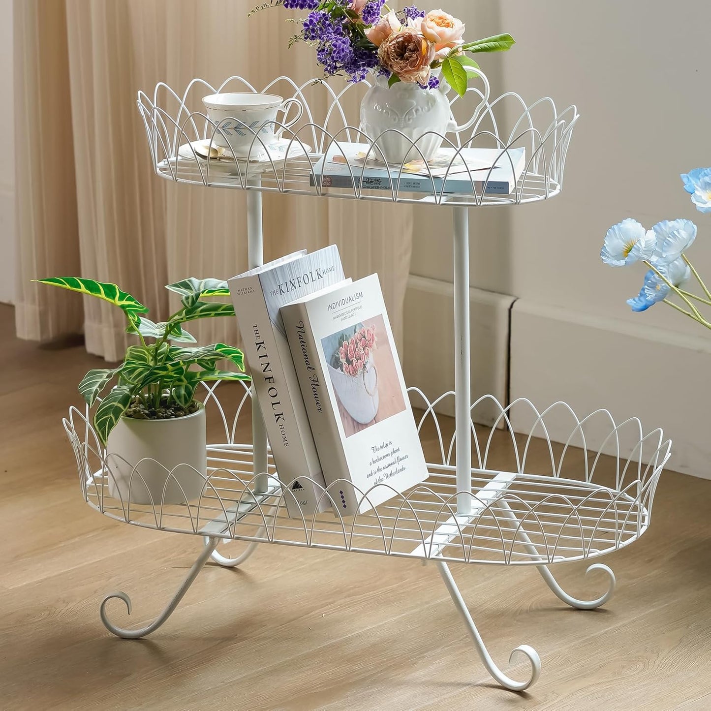 White Oval Plant Stand for Plants, French Provincial Side Table with Floral Accents, Low Indoor Greenery Display Shelf Garden Decor