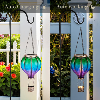 TERESA'S COLLECTIONS 2 Pack Hanging Solar Lantern Outdoor Garden Decor for Valentine ,Waterproof Plastic Hot Air Balloon Green Flickering Flame Effect Lantern for Yard Tree ,18"
