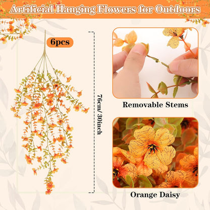 6 Pcs Artificial Fall Hanging Flowers Outdoor Silk Mum Plants Autumn Decor Faux Violet with Eucalyptus Realistic UV Resistant Trailing Vine Thanksgiving Porch Yard(Warm Color,Violet)