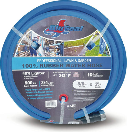 BluSeal Hot/Cold Water Rubber Garden Hose, 100% Rubber, Ultra-Light, Super Strong, 500 PSI, 50F to 190F Degrees, High Strength Polyester Braided (5/8" x 25')