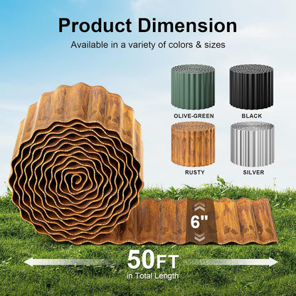 Land Guard Corrugated Garden Edging Border, 6" × 50' Landscape Paver Edging, Tall Landscape Edging, Fence for Garden, Flower Bed, Lawn and Landscape Edging (Rusty)
