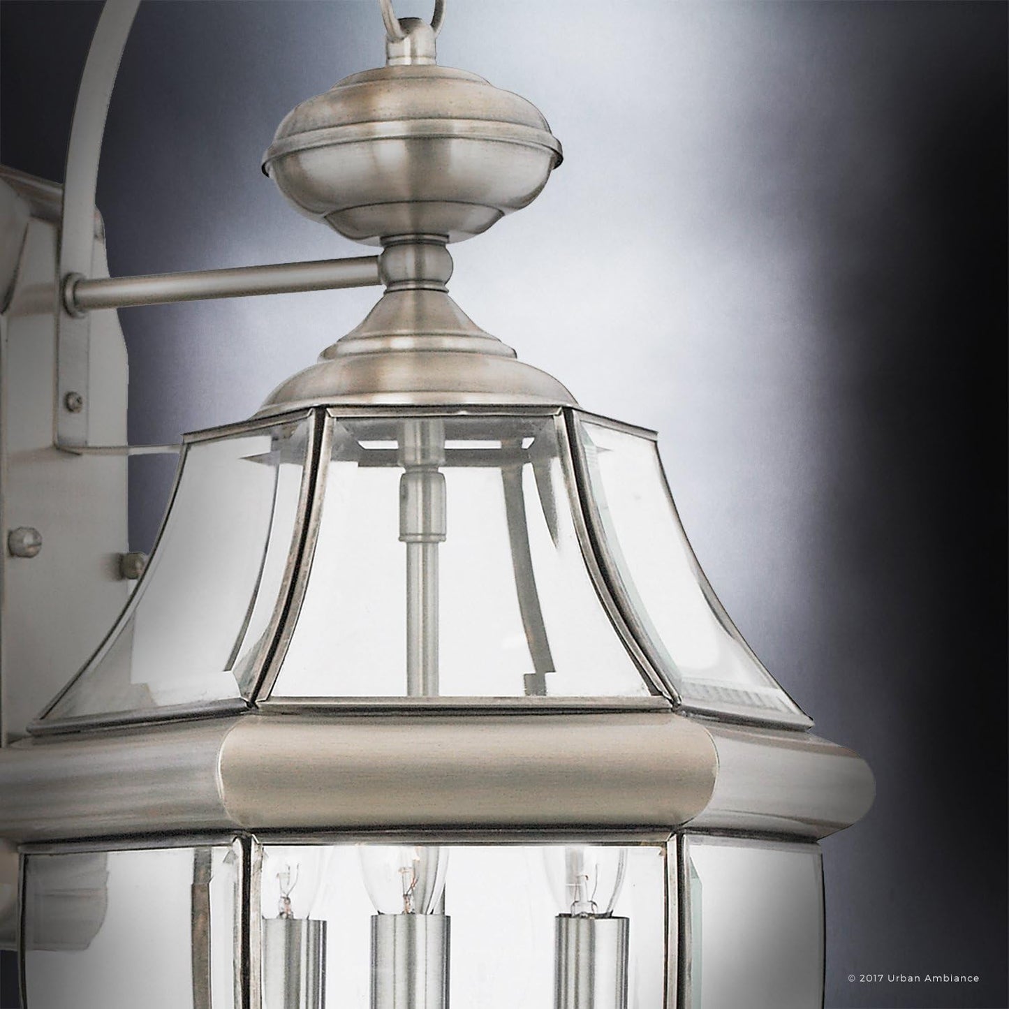 Urban Ambiance Luxury Colonial Outdoor Wall Light, Large Size: 22.5" H x 12.25" W, with Tudor Style Elements, Versatile Design, Classy Aged Silver Finish and Beveled Glass, UQL1147