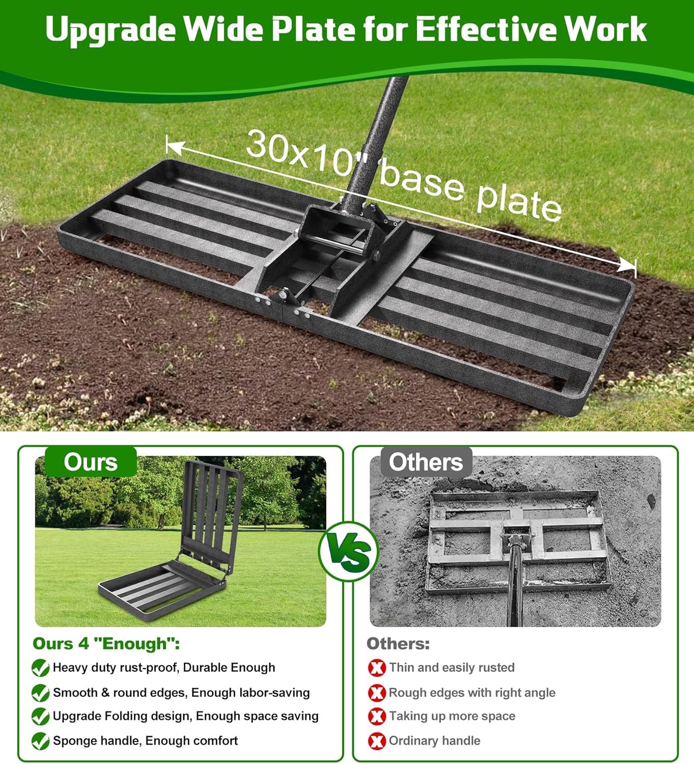 Lawn Leveling Rake 30x10 Inch , Heavy-Duty Yard Leveling Rake 6.2FT Leveler Tool for Soil, Sand & Topsoil, Backyard, Garden, Golf Course
