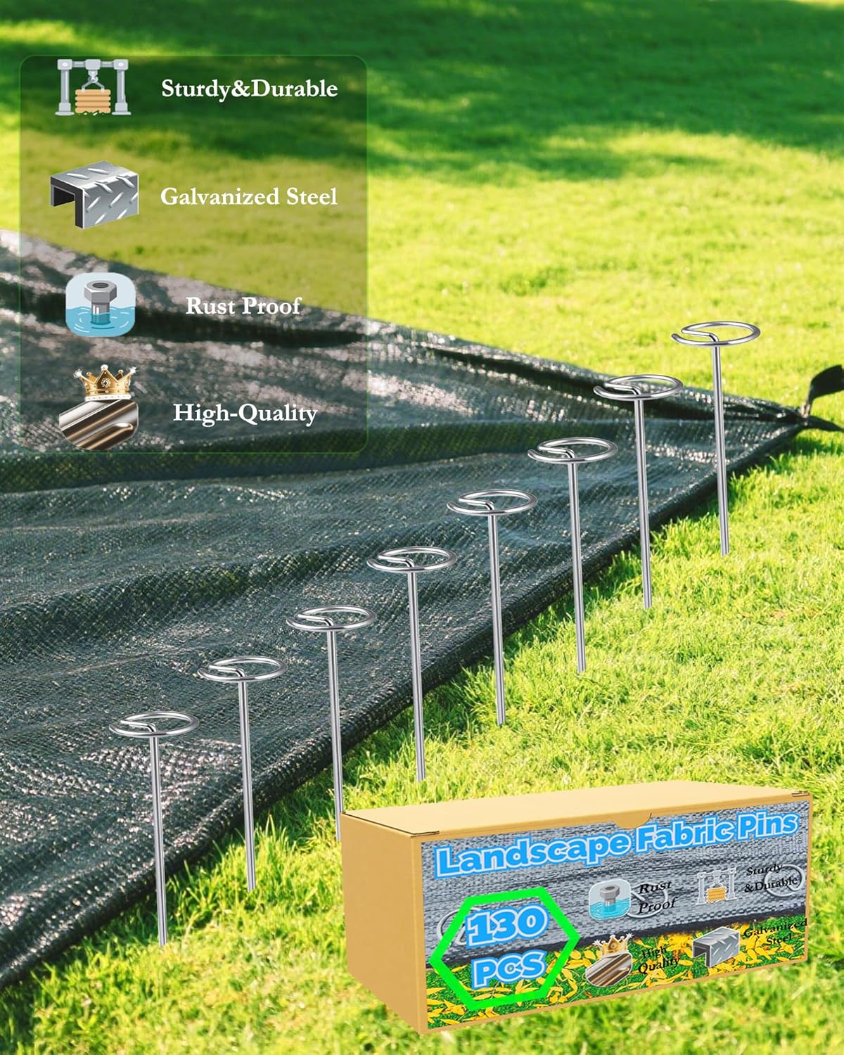 130 PCS Landscape Fabric Pins + Pick Hook, 6-Inch Galvanized Circle Top Landscape Staples - Steel Weed Barrier Stake, Grip Than U-Shape Yard Staples, Garden Stakes for Plant Cover, Lawn, Fence, Ground