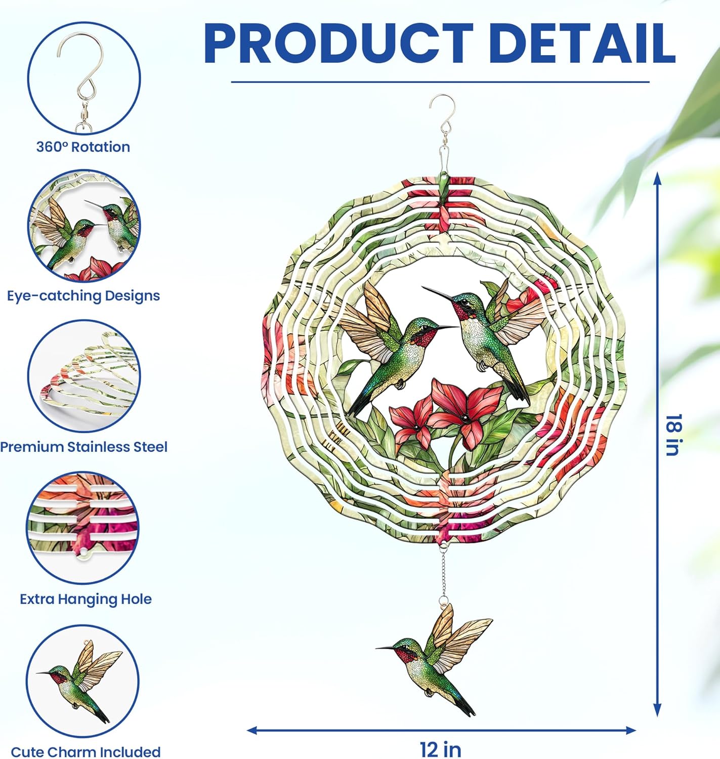 FLAGWIX Christmas Hummingbird Gifts for Women - 3D Stainless Steel Metal Wind Spinners 12in - Hummingbird Wind Spinner Yard Decorations Outdoor Indoor Hanging Garden Decor, Christmas Decorations