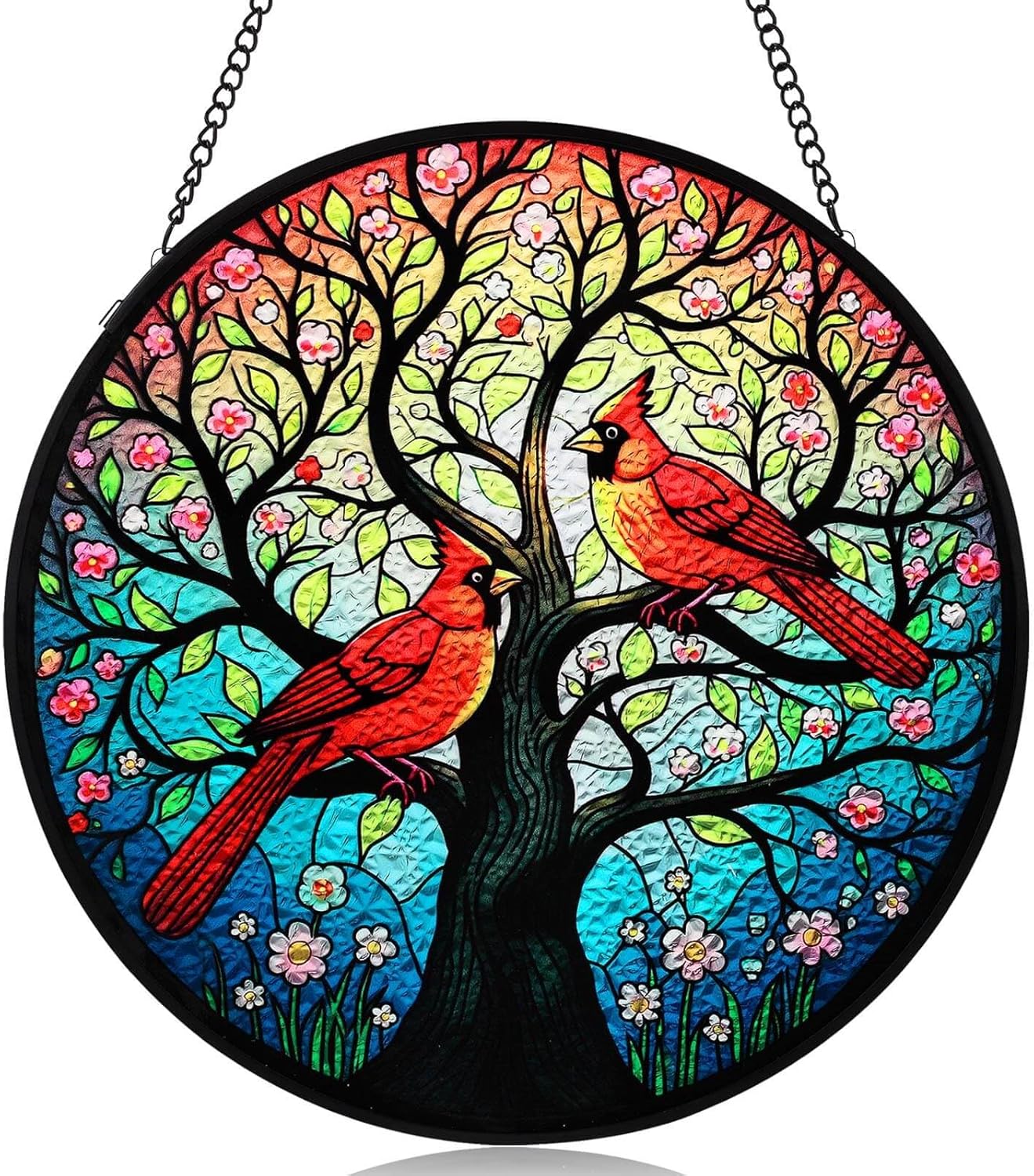 Sun Catcher Indoor Window with Tree of Life & Cardinals - 7.87" Round Stained Glass Suncatchers for Windows Hanging, Red Bird Stain Glass Art Panel for Wall/Garden Decor, Cardinal Gifts for Women
