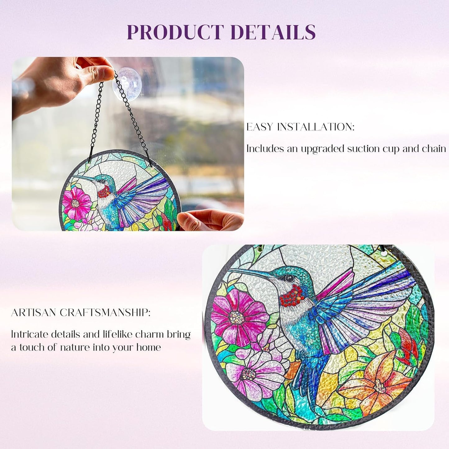 kanpura Suncatcher Stained Glass Window Hanging 6.3 inch Hummingbird Sun Catcher with Hook Sun Catchers Indoor Window Birds Hanging for Wall Art Home Decor Gifts