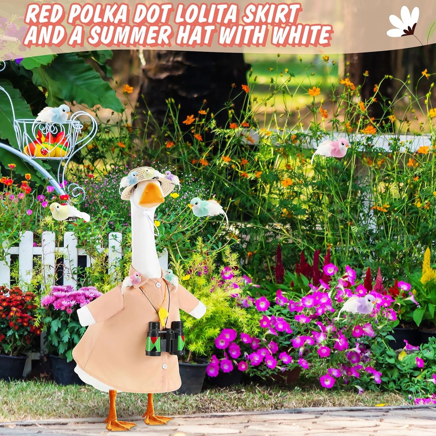 9 Pcs Bird Watcher Goose Outfits Hiking Costume Clothing T-shirt Straw Hat Binoculars Birds Whistle for 23'' Cement Porch Goose Summer Outdoor Garden Yard Lawn Patio Statue Art