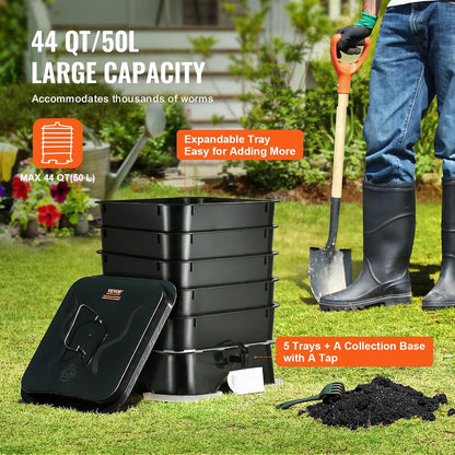 VEVOR 5-Tray Composter, 50L Worm Compost Bin - Indoor/Outdoor Worm Farm Kit for Food Waste Recycling, Vermicomposting & Vermiculture