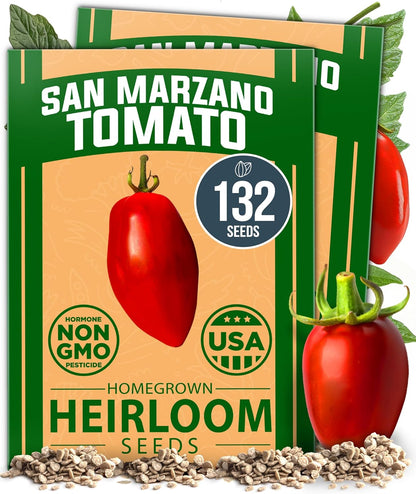 HOME GROWN San Marzano Tomato Seeds – 132 Heirloom, 𝗡𝗢𝗡-𝗚𝗠𝗢, 𝗨𝗦𝗔-𝗦𝗢𝗨𝗥𝗖𝗘𝗗 Seeds – High Germination Tomatoes for Indoor & Outdoor Growing – Classic Paste Variety for Gardeners & Home Use