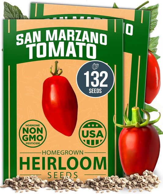 HOME GROWN San Marzano Tomato Seeds – 132 Heirloom, 𝗡𝗢𝗡-𝗚𝗠𝗢, 𝗨𝗦𝗔-𝗦𝗢𝗨𝗥𝗖𝗘𝗗 Seeds – High Germination Tomatoes for Indoor & Outdoor Growing – Classic Paste Variety for Gardeners & Home Use