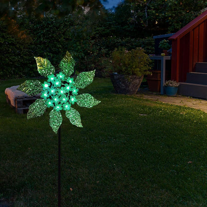 Solar Glow Garden Wind Spinner Outdoor, 13" W Flower Metal Wind Spinner & Sculptures with Fluorescent Coating, Kinetic Windmill for Yard Lawn Patio Decor, Blue