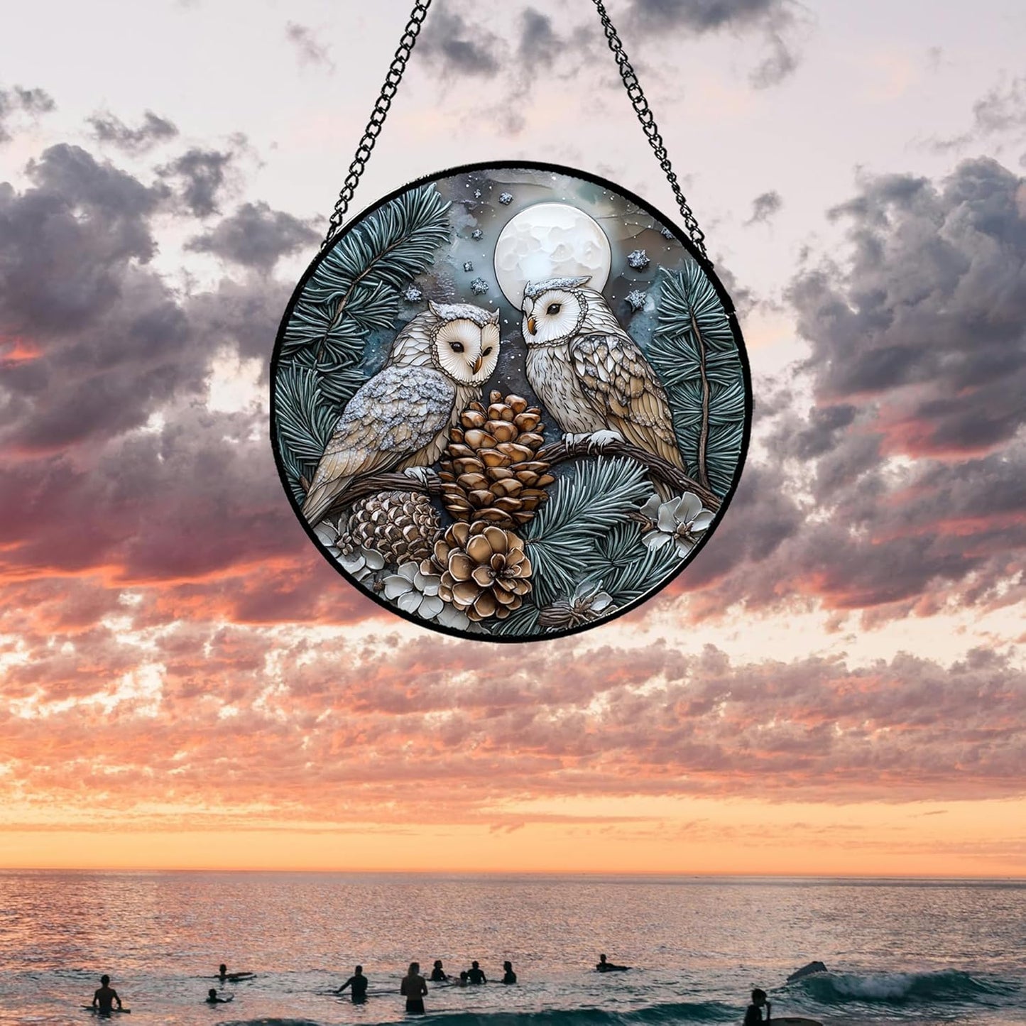 Stained Glass Window Hanging - Owl On A Tree Suncatcher for Doors Garden Patio Winter Scene Sun Catchers Decor Christmas Mother's Day Birthday Gifts for Women Men Mom Nana Friend 7.8 in