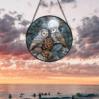 Stained Glass Window Hanging - Owl On A Tree Suncatcher for Doors Garden Patio Winter Scene Sun Catchers Decor Christmas Mother's Day Birthday Gifts for Women Men Mom Nana Friend 6.3 in