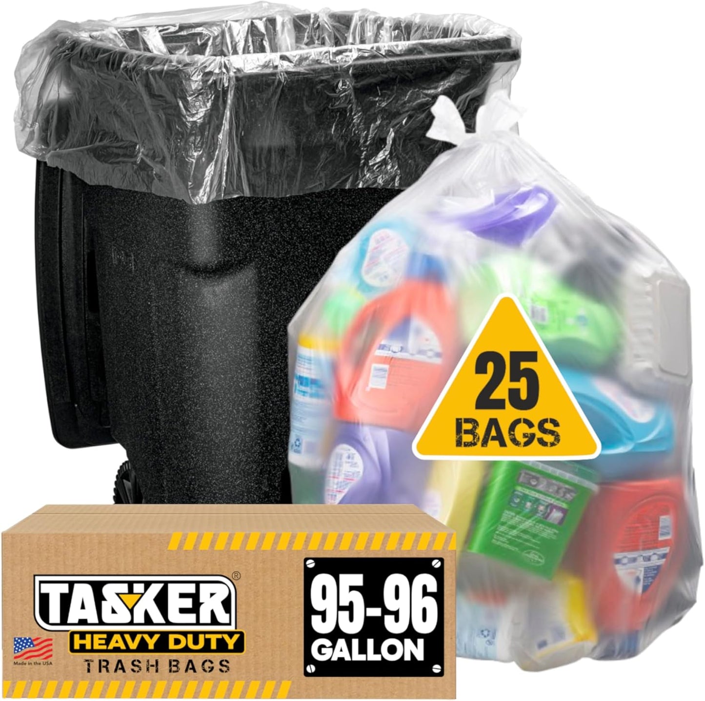Tasker 95-100 Gallon Clear Trash Bags Heavy Duty | 25 Bags | Extra Large 96 Gallon Trash Bags Large Clear Can Liners, Large 90 Gal, 95 Gal, 96 Gal,100 Gallon Heavy Duty Trash Can Liners