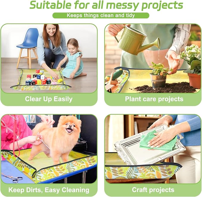 Repotting Mat for Indoor Plants, Foldable Waterproof Plant Potting Soil Tray with 13 Pcs Garden Transplanting Succulent Tools and 30 Pack Mesh Pads for Outdoor Care, Green