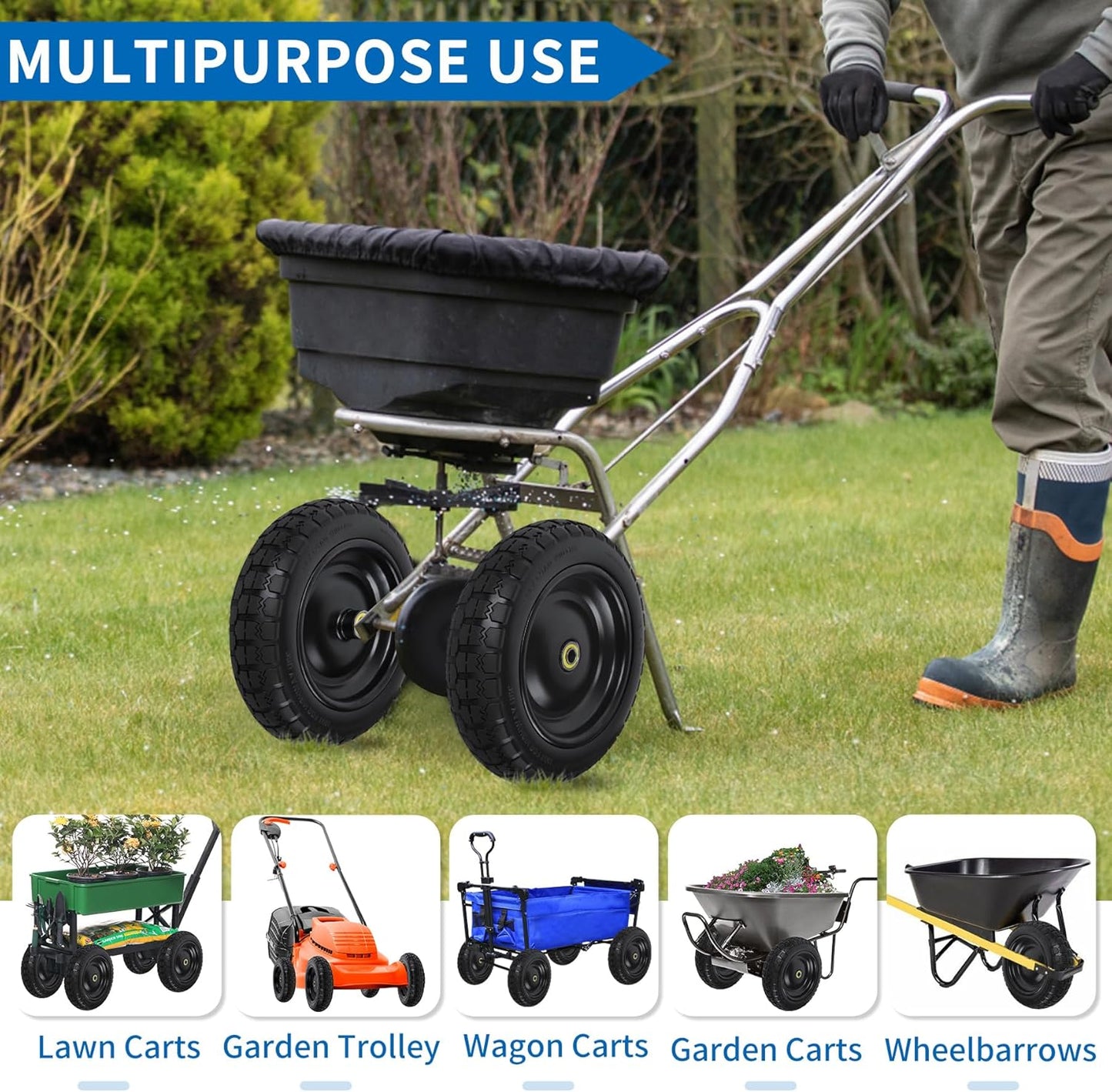 13 Inch Flat Free Wheels Tires 4.00-6 Solid Replacement with Universal 5/8" Axle Bore Hole, 16 Spacers and 8 Pins, for Wheelbarrow, Garden Wagon, Hand Truck, Trolley, Lawn Mower, 4 Pack