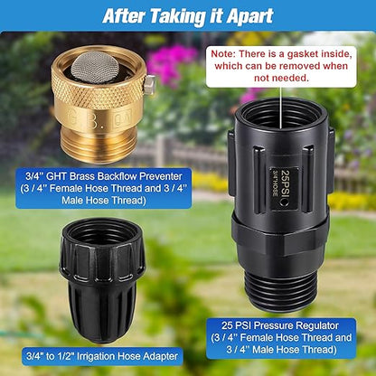 Feekoon 2 Set Drip Irrigation Faucet Adapter Kit 1/2'' Irrigation Tubing to 3/4'' Faucet Water Pressure Regulator Backflow Preventer with Filter, Drip Irrigation System Parts, No Assembly Required