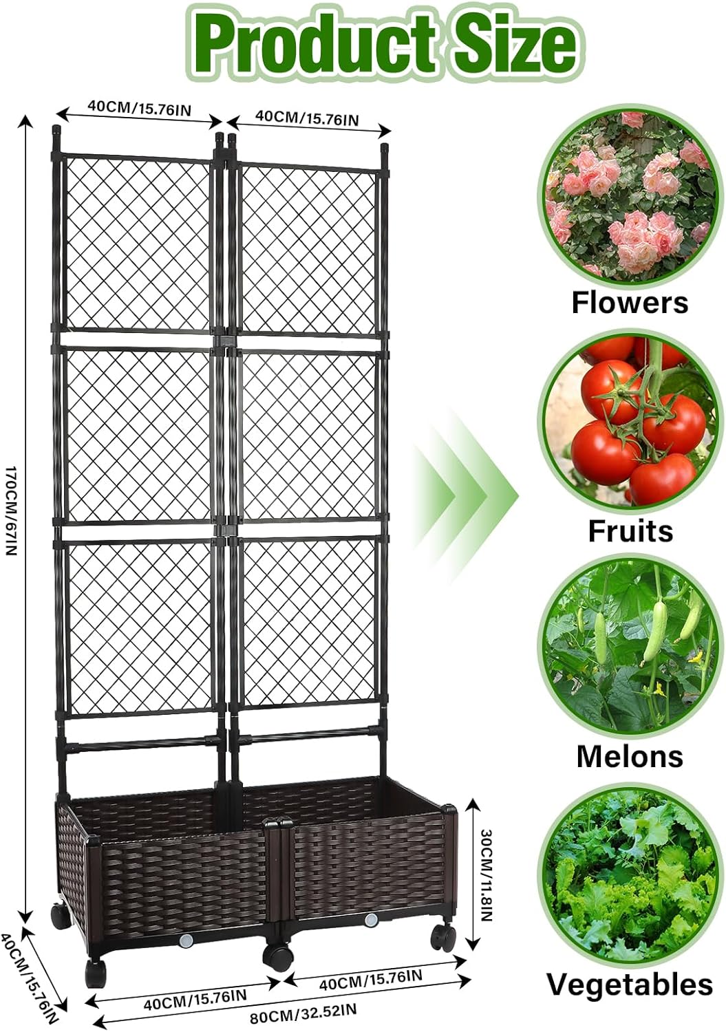Kalolary 170CM Raised Garden Bed with Metal Trellis, Large Plastic Planter Box with Drainage Hole on Wheels Tomato Planters Climbing Trellis Outdoor Indoor for Climbing Plants Vegetable Flowers Vine