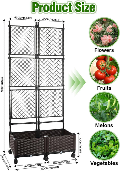 Kalolary 170CM Raised Garden Bed with Metal Trellis, Large Plastic Planter Box with Drainage Hole on Wheels Tomato Planters Climbing Trellis Outdoor Indoor for Climbing Plants Vegetable Flowers Vine