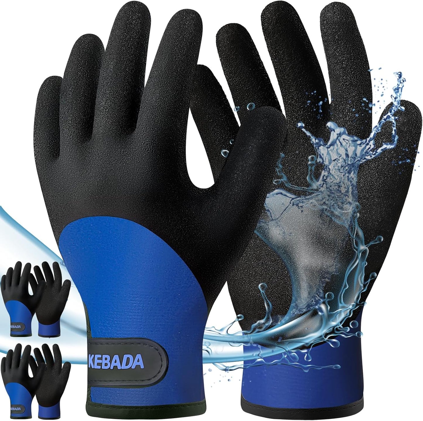 Kebada T2 Waterproof Work Gloves for Men and Women, Thermal Warm Winter Working Gloves, Insulated Freezer Gloves for Cold Weather, 100% Latex Coating, Wrist Closure, 2 Pairs, Blue, Medium