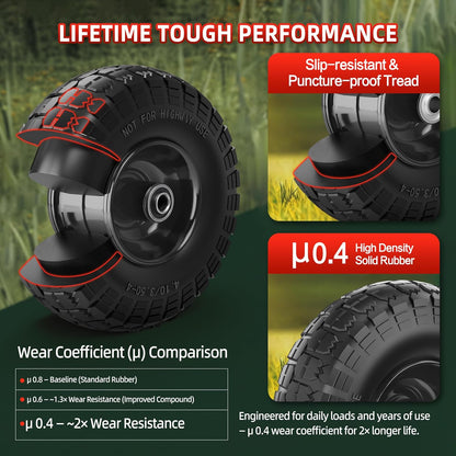 4.10/3.50-4 Tire and Wheel Flat Free,10-Inch Solid Wheel Replacement with 5/8 Bearings,2.2" Offset Hub -Compatible with Hand Truck,Wheelbarrow,Dolly(Black)