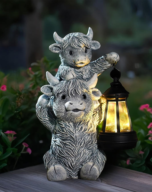 Solar Highland Cow Garden Decor - Resin Cow Statue with Solar Lantern Outdoor Yard Patio Decor - Ideal Gifts for Women,Mom Men (Grey)