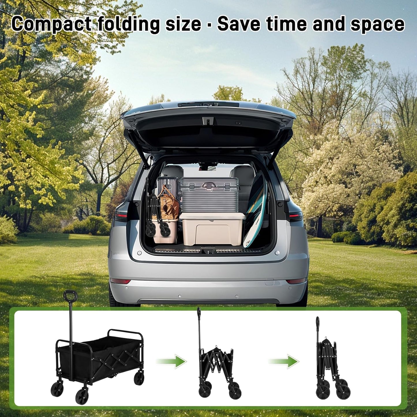 Catart Collapsible Folding Utility Wagon, 110L Large Capacity Portable Cart with Wheels, Lightweight Foldable Wagon for Camping, Gardening, Sports, Grocery Shopping, and Everyday Outdoor Use, Black