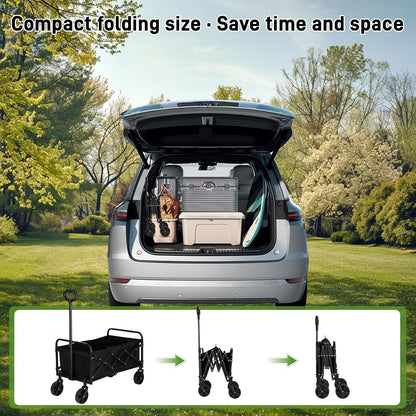 Catart Collapsible Folding Utility Wagon, 110L Large Capacity Portable Cart with Wheels, Lightweight Foldable Wagon for Camping, Gardening, Sports, Grocery Shopping, and Everyday Outdoor Use, Black