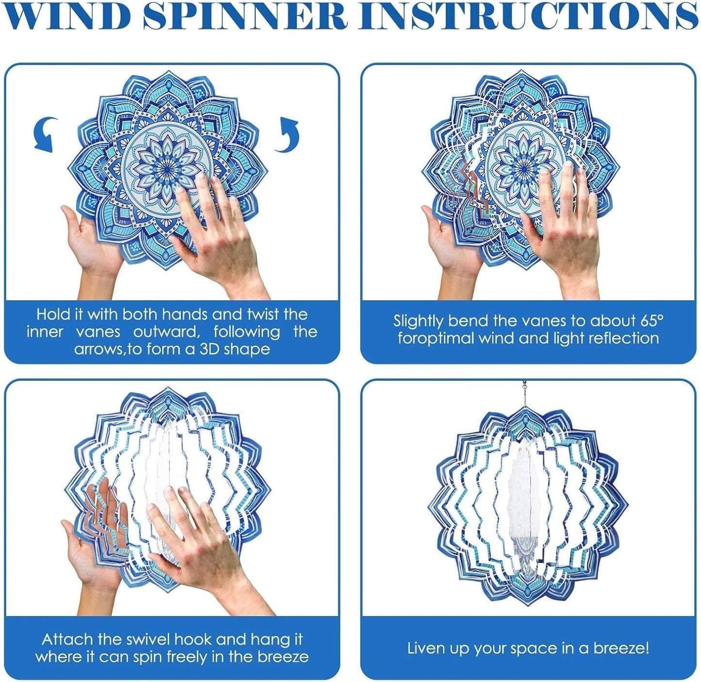 Wind Spinner Mandala Blue, 12-Inch 3D Kinetic Stainless Steel Metal Hanging Wind Spinners Outdoor, Flowers Yard Art Garden Porch Indoor Outdoor Decor