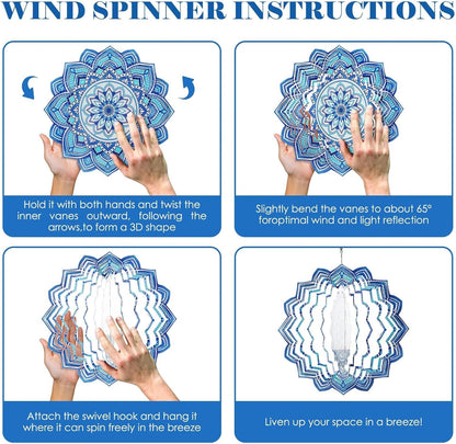 Wind Spinner Mandala Blue, 12-Inch 3D Kinetic Stainless Steel Metal Hanging Wind Spinners Outdoor, Flowers Yard Art Garden Porch Indoor Outdoor Decor