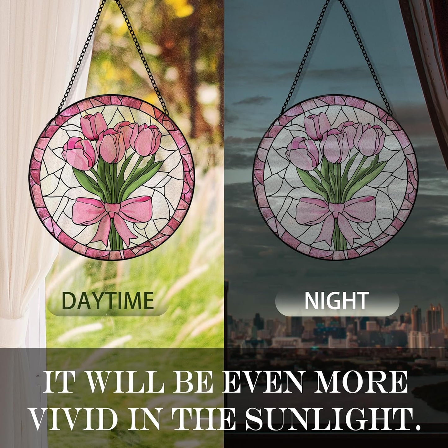 Coquette Pink Bow Tulip Flower Suncatcher Stained Glass Garden Window Hanging, Pink Tulip Flower Sun Catchers Indoor Window Glass Round Wall Decor, Floral Wall Art Hanging Decorations, ＂7.8x7.8＂