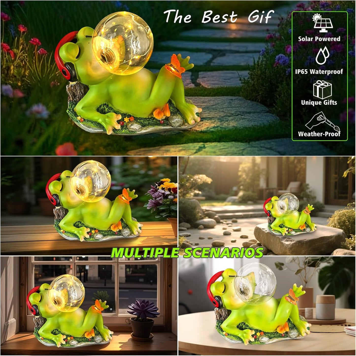 Solar Garden Outdoor Statues Frog, Lawn Decor Frogs Statue for Patio, Balcony, Yard Ornament - Unique Home Decor Gifts (Frog)