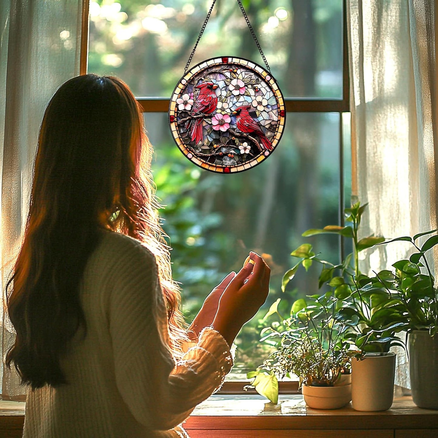 Cardinal Stained Glass Suncatcher - Hand-Painted Window Hanging with Metal Chain, Outdoor/Indoor Wall Decor for Mothers Day, Housewarming Gifts for Mom & Grandma Women Birthday Gifts