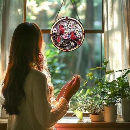 Cardinal Stained Glass Suncatcher - Hand-Painted Window Hanging with Metal Chain, Outdoor/Indoor Wall Decor for Mothers Day, Housewarming Gifts for Mom & Grandma Women Birthday Gifts