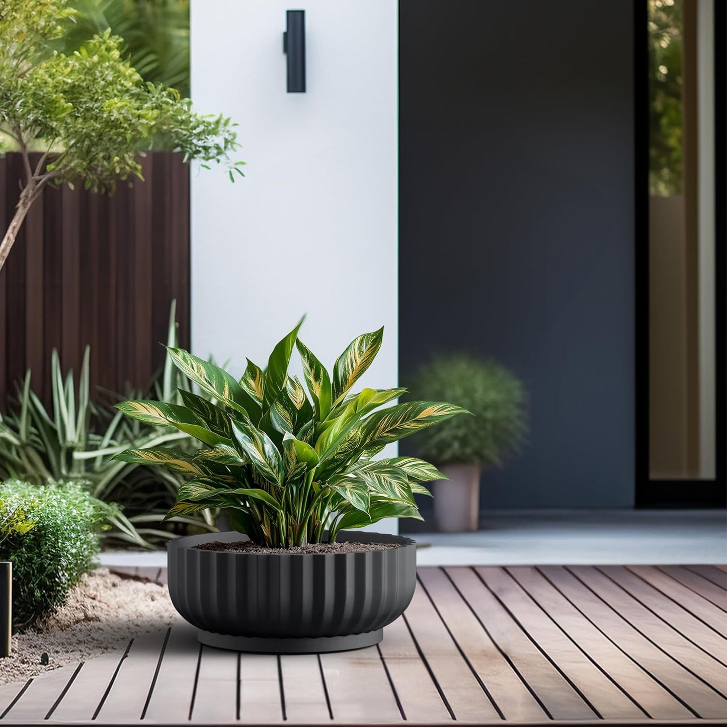 Kante Round Fulted Bowl Planter, 20.9 Inch Dia Large Concrete Flower Pots with Drainage Hole and Rubber Plug, Suitable for for Indoor Outdoor Plants, Home, Patio, Garden, Black