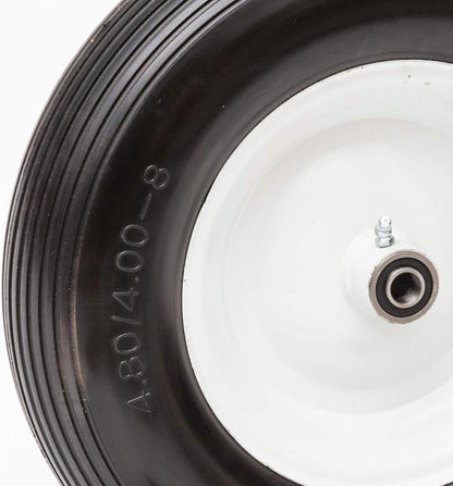 Flat Free Universal Wheelbarrow Replacement Tire | Complete Wheel Assembly | White Rim and Ribbed Tread | 16" Wheel | Adapter Kit Included