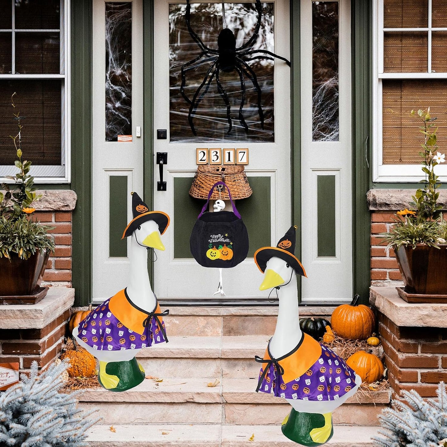 Halloween Porch Goose Outfits 23", Yard Goose Statue Clothes with Pumpkin Trick or Treat Bags, Fall Thanksgiving Outdoor Decor for Patio Lawn Garden and Porch Goode Theme (Pumpkin Ghost Cloak)