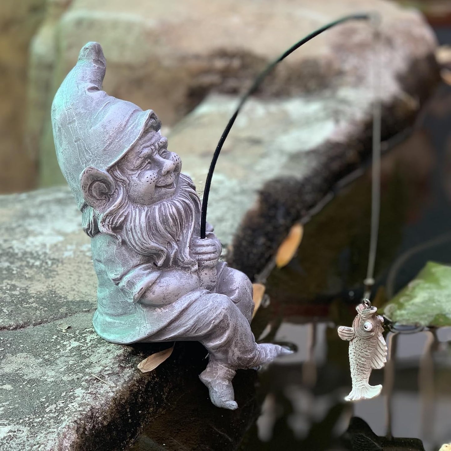 Garden Gnome Pond Statue Decoration, Fishing Gnome Garden Statue Outdoor Koi Pond or Waterfall Decor, 9.7" Stone Gnome Fishing Poolside Statue, Elf Pond Statue, Great Gifts & Housewarming for Mom
