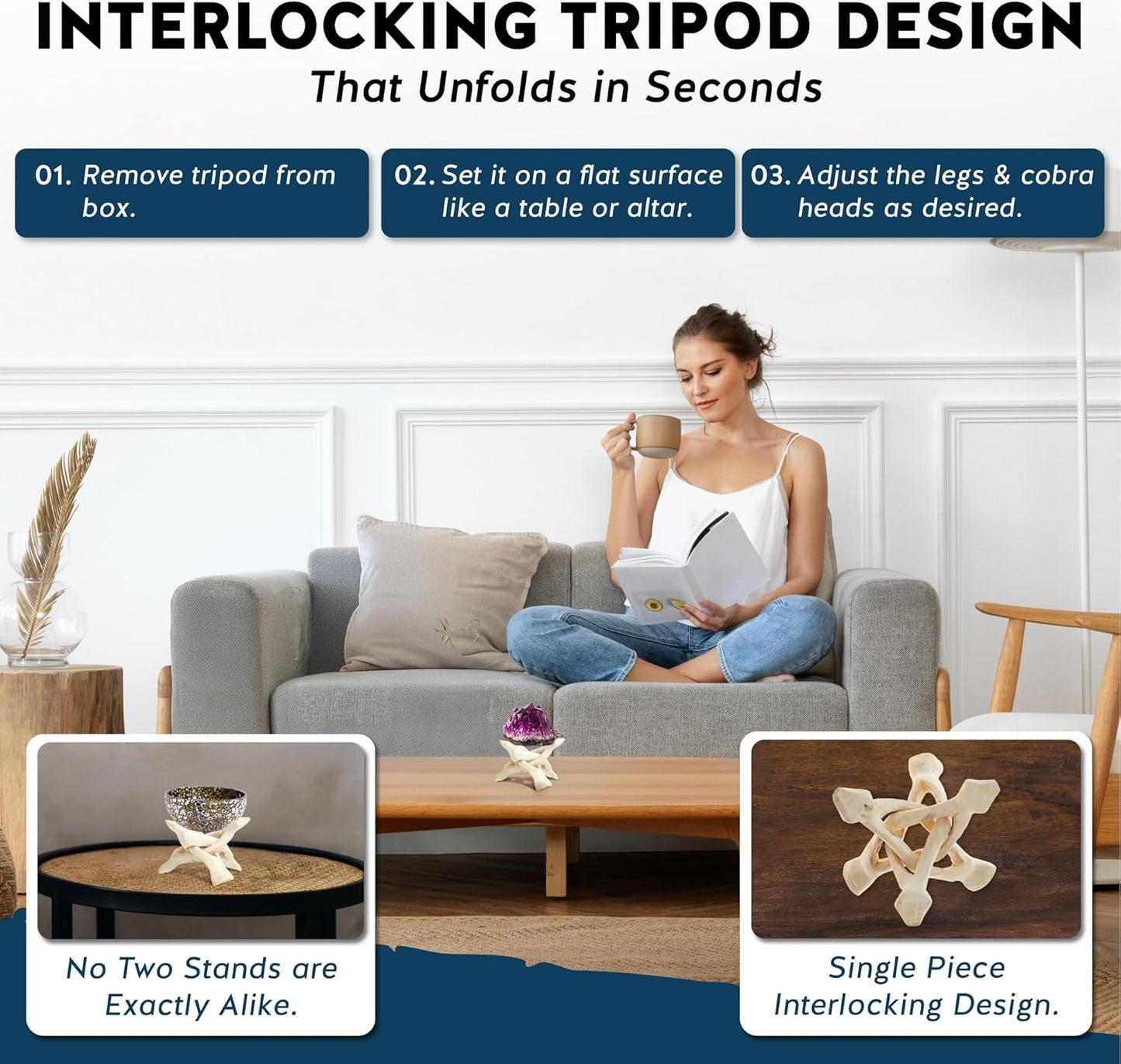 Alternative Imagination Wooden Tripod Stand - Display Stand For Home Decor, Abalone Shell, Jewelry Dish, Trinket Dish, Key Bowl, Crystal Ball and More - Natural, 4 Inches